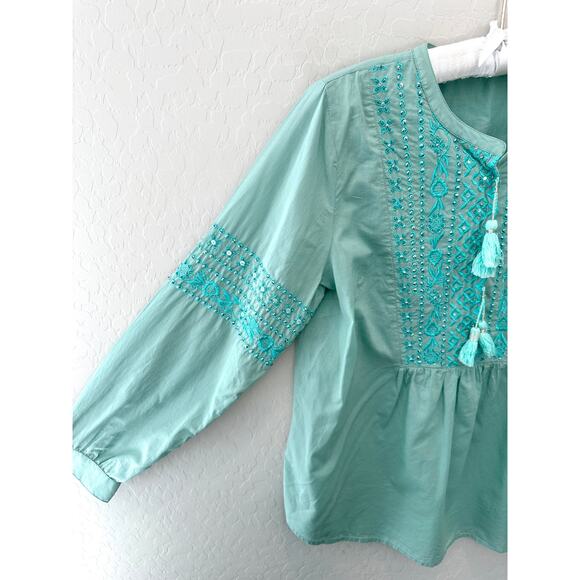 SOFT SURROUNDINGS | Teal Embroidered Cotton Boho Tassel Blouse Top | Medium - Picture 3 of 7